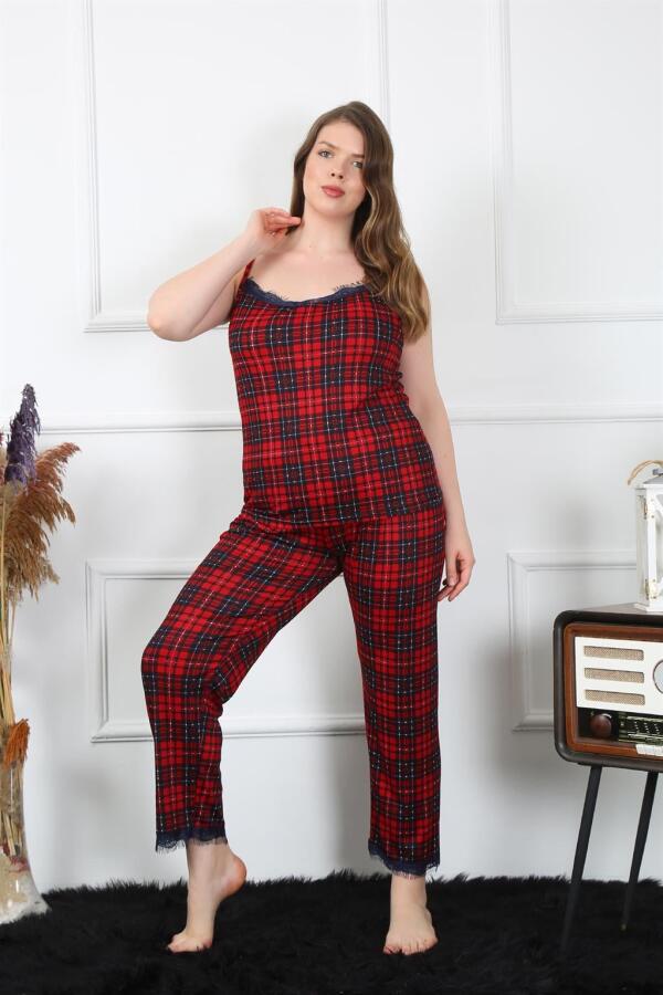 Angelino Kadın Büyük Beden Kırmızı Ekoseli İp Askılı Pijama Takım 202197 - 2