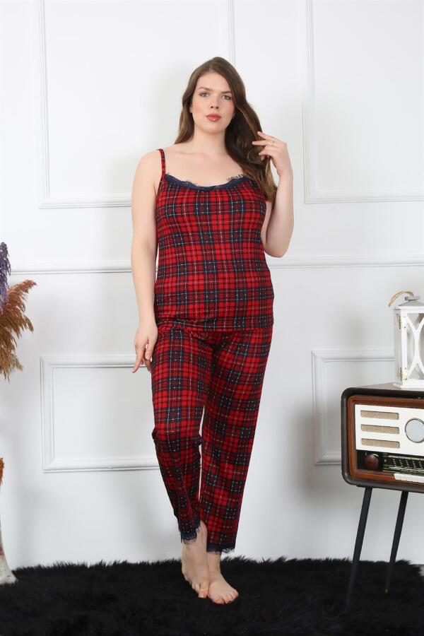 Angelino Kadın Büyük Beden Kırmızı Ekoseli İp Askılı Pijama Takım 202197 - 4