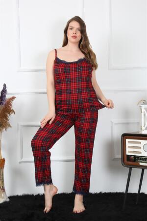 Angelino Kadın Büyük Beden Kırmızı Ekoseli İp Askılı Pijama Takım 202197 - 5