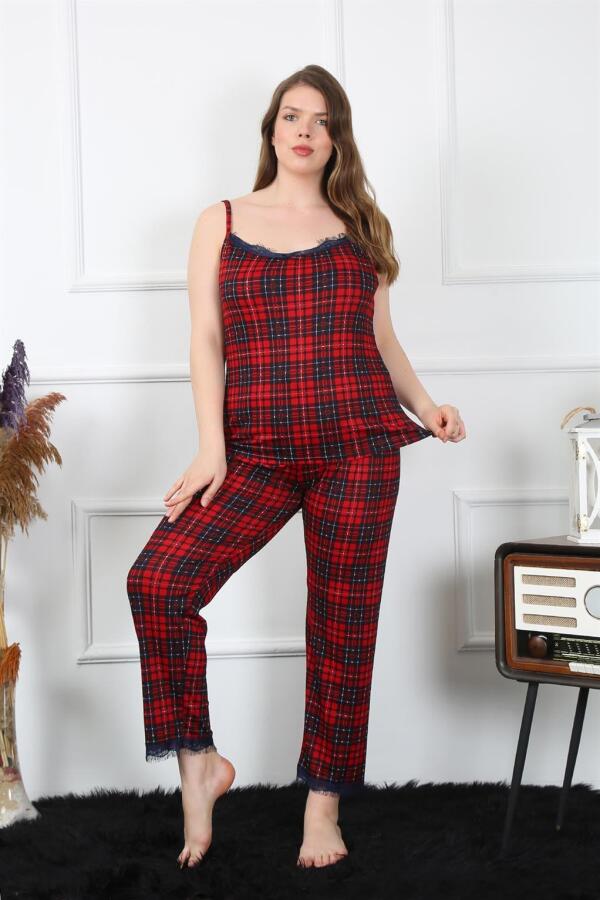 Angelino Kadın Büyük Beden Kırmızı Ekoseli İp Askılı Pijama Takım 202197 - 5