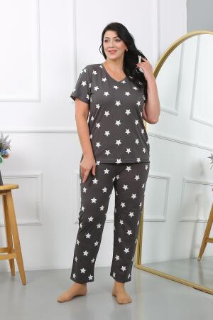 Angelino Kadın Büyük Beden Kısa Kol Penye Pijama Takımı Füme 202407 - 1