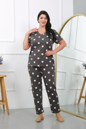 Angelino Kadın Büyük Beden Kısa Kol Penye Pijama Takımı Füme 202407 - 5