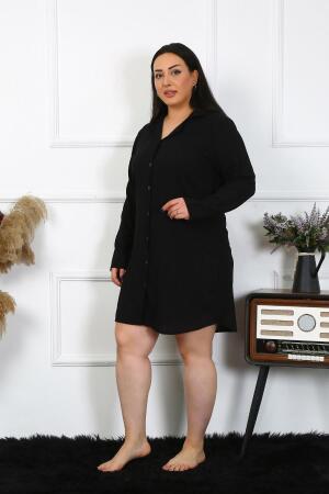 Angelino Kadın Büyük Beden Pamuk Düğmeli Uzun Kol Siyah Tunik Gecelik 12204 - 1