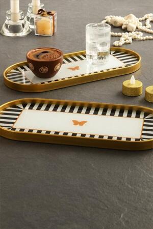 Kelebek Desen Detaylı Cam Sunum Tepsisi Gold 2 Adet 12x30 cm - Angelino Moda