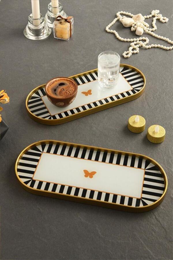 Kelebek Desen Detaylı Cam Sunum Tepsisi Gold 2 Adet 12x30 cm - 2