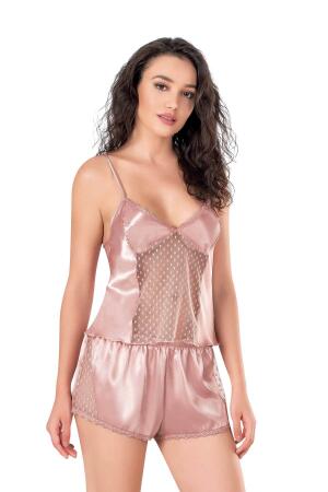 Angelino Koyu Pudra Saten Babydoll Şort Takımı - 2