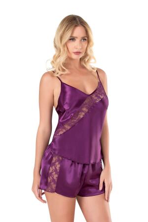 Angelino Mor Saten Babydoll Şort Takımı - 1