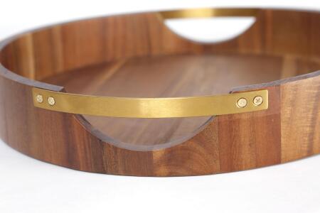 Natura Akasya Yuvarlak Gold Tutmalı Tepsi - Angelino Moda (1)