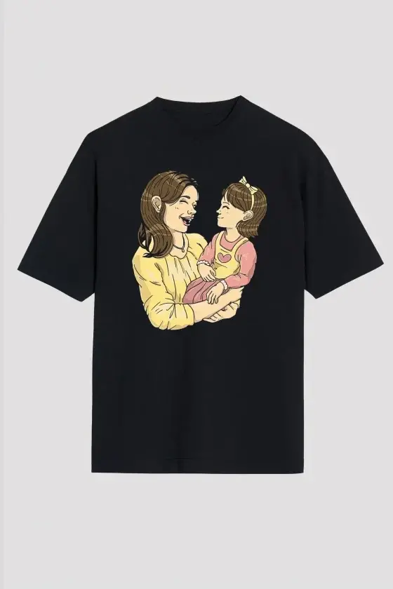 Anneler Günü Hediye Anne Kız Temalı Baskılı Oversize Bisiklet Yaka T-shirt - Siyah - 1