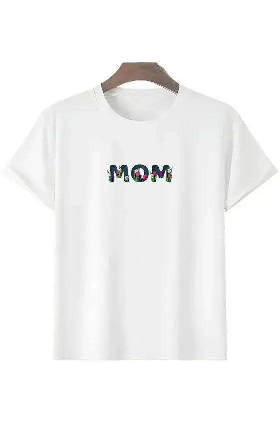 Anneler Günü Hediye Mom Çiçek Baskılı Oversize Bisiklet Yaka T-shirt - Beyaz - 1