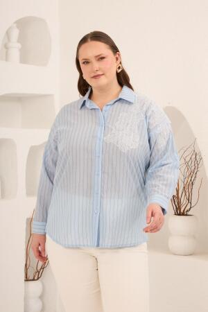 Aplikeli Çizgili Kadın Büyük Beden Uzun Kol Gömlek Mavi - RMG