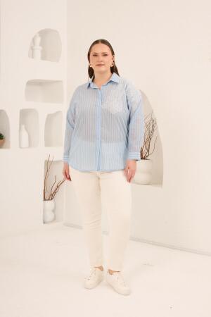 Aplikeli Çizgili Kadın Büyük Beden Uzun Kol Gömlek Mavi - 5