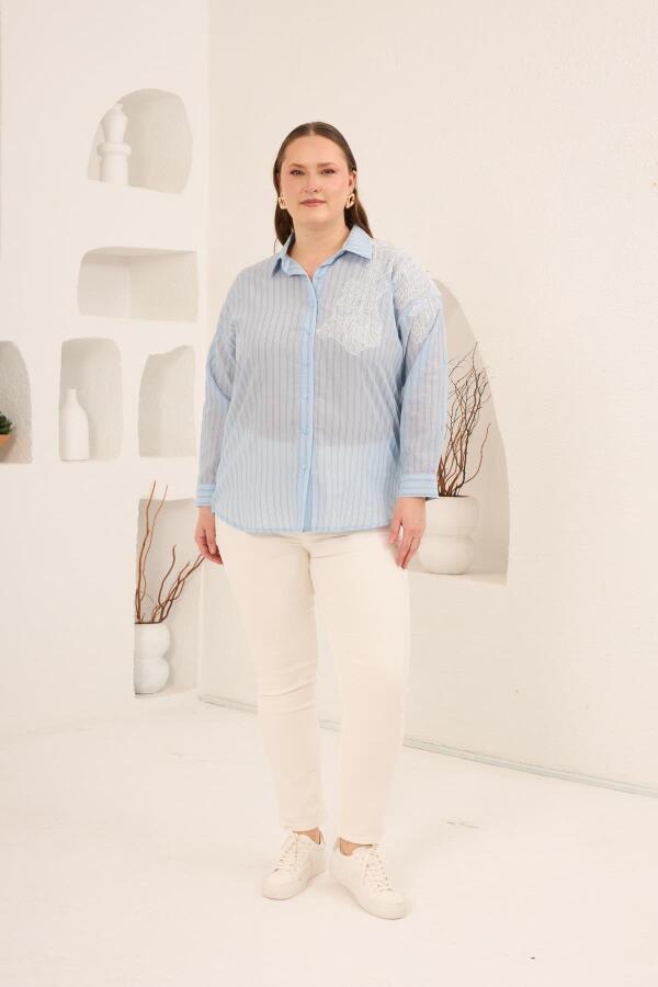 Aplikeli Çizgili Kadın Büyük Beden Uzun Kol Gömlek Mavi - 5