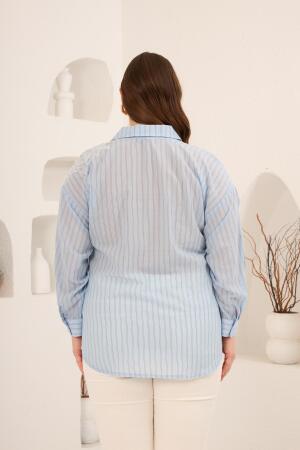 Aplikeli Çizgili Kadın Büyük Beden Uzun Kol Gömlek Mavi - 6