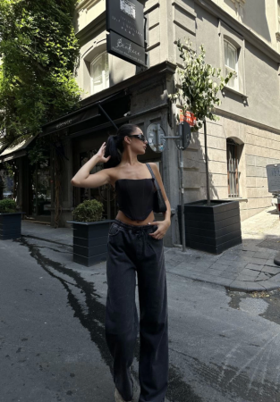 Arkadan Yırtmaçlı Jeans Kot Palazzo Pantolon - Siyah - 3