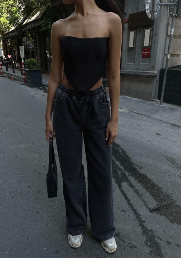 Arkadan Yırtmaçlı Jeans Kot Palazzo Pantolon - Siyah - 1