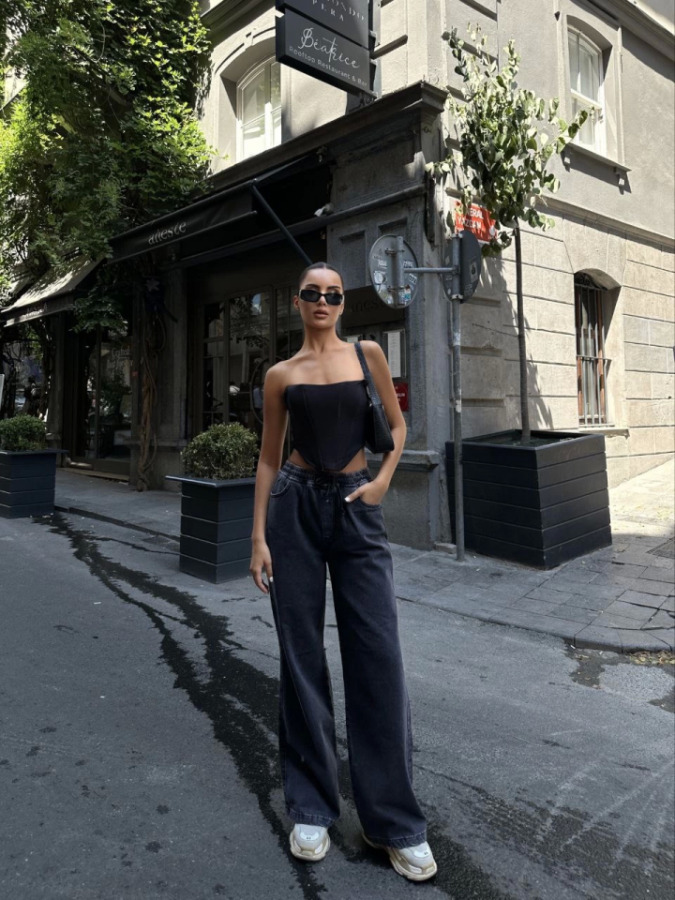 Arkadan Yırtmaçlı Jeans Kot Palazzo Pantolon - Siyah - 4