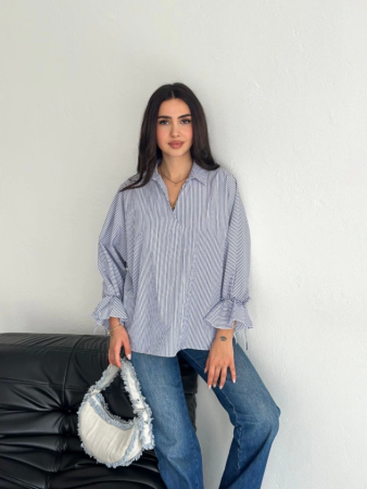 Arkası Asimetrik Yırtmaç Kesim Detaylı Cizgili Bluz Gömlek - Füme - 3