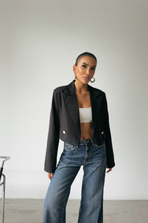 ARKASI İNCİ DÜĞME DETAYLI CROP CEKET - Siyah - 2