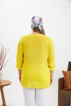 Arma Detaylı Büyük Beden Yıkamalı Bluz Sarı - 5