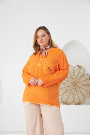 Arma Detaylı Büyük Beden Yıkamalı Bluz Turuncu - RMG