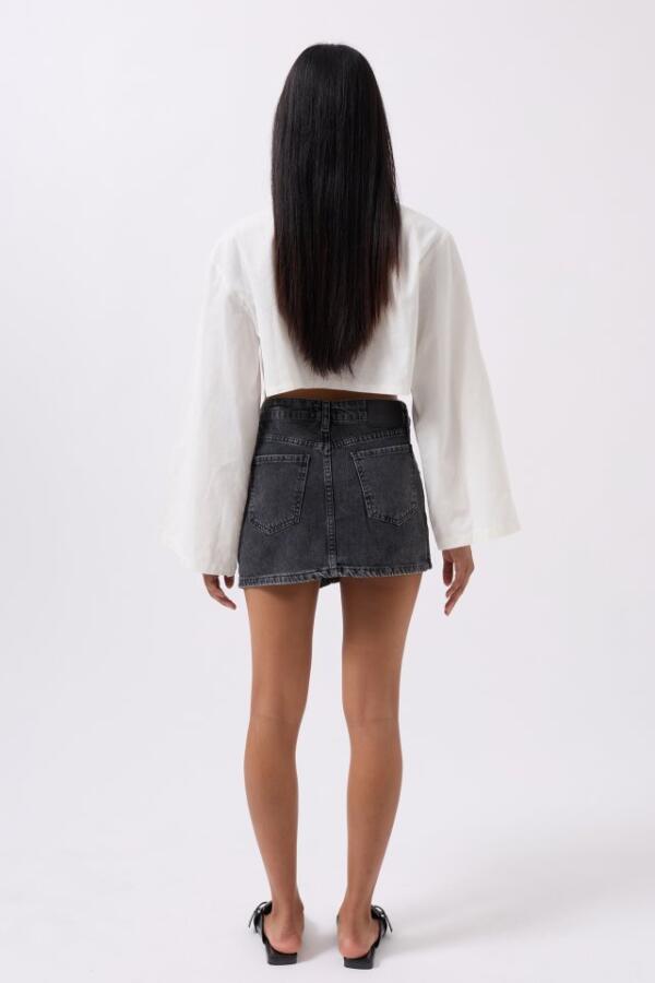 Asimetrik Bel Denim Mini Etek - 4