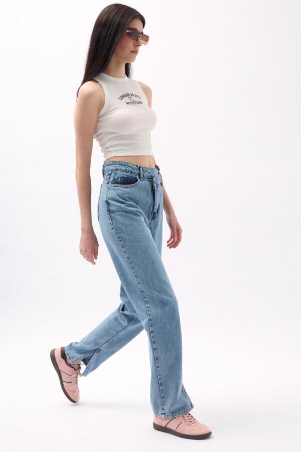 Asimetrik Bel Paça Yırtmaçlı Jean - 2