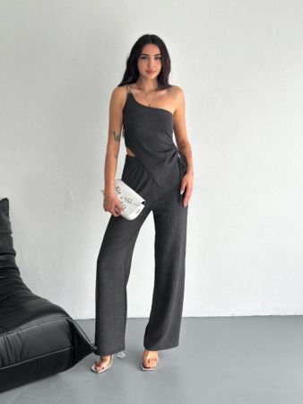 Asimetrik Crop Pantalon Ikili Takım - Füme - 1