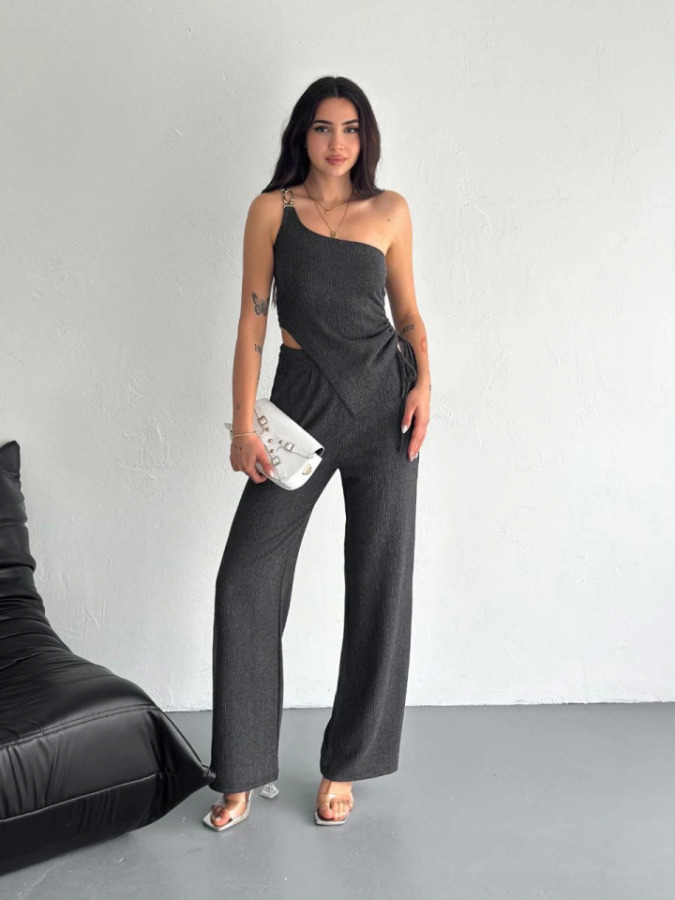 Asimetrik Crop Pantalon Ikili Takım - Füme - 1