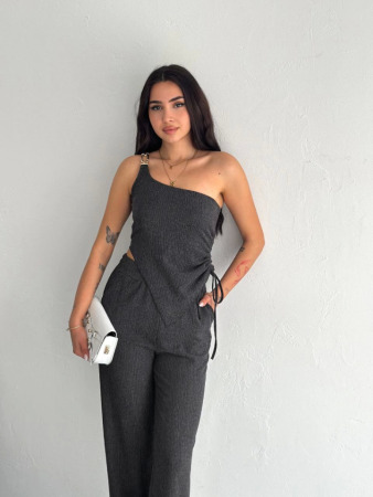 Asimetrik Crop Pantalon Ikili Takım - Füme - 2