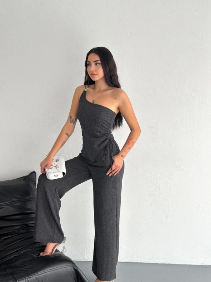 Asimetrik Crop Pantalon Ikili Takım - Füme - 4