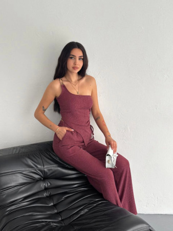 Asimetrik Crop Pantalon Ikili Takım - Gül Kurusu - 1