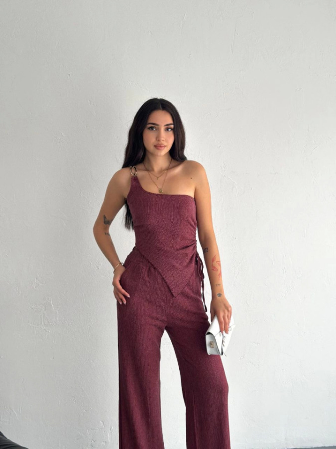Asimetrik Crop Pantalon Ikili Takım - Gül Kurusu - 4