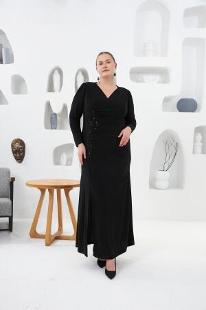 Asimetrik Drape Detay Dantel Ve Aplik Süslemeli Büyük Beden Abiye Elbise Siyah - RMG