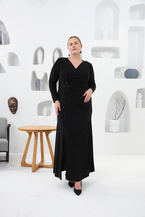 Asimetrik Drape Detay Dantel Ve Aplik Süslemeli Büyük Beden Abiye Elbise Siyah - 1