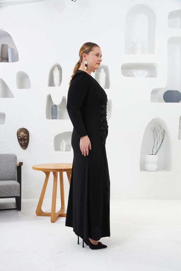 Asimetrik Drape Detay Dantel Ve Aplik Süslemeli Büyük Beden Abiye Elbise Siyah - 3