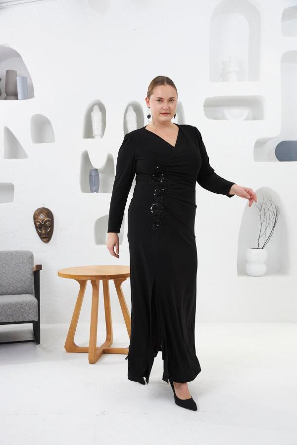 Asimetrik Drape Detay Dantel Ve Aplik Süslemeli Büyük Beden Abiye Elbise Siyah - 4