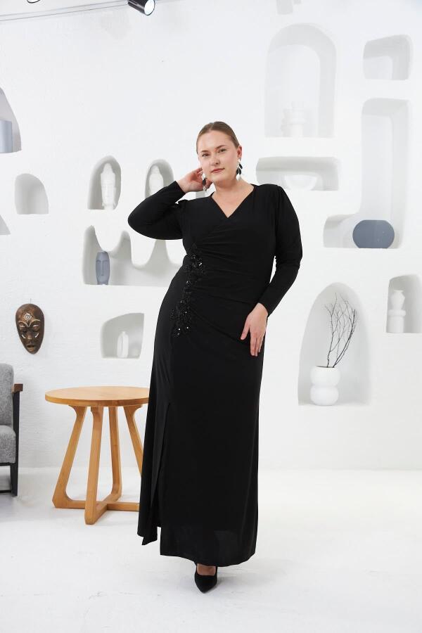 Asimetrik Drape Detay Dantel Ve Aplik Süslemeli Büyük Beden Abiye Elbise Siyah - 5