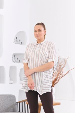 Asimetrik Kesim Müslin Kumaş Çizgili Büyük Beden Vizon Tunik - RMG