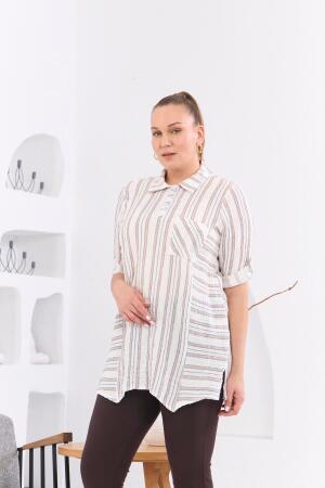 Asimetrik Kesim Müslin Kumaş Çizgili Büyük Beden Vizon Tunik - RMG (1)