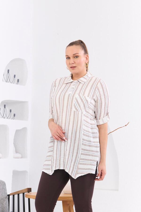 Asimetrik Kesim Müslin Kumaş Çizgili Büyük Beden Vizon Tunik - 2