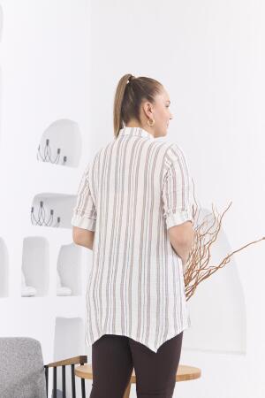 Asimetrik Kesim Müslin Kumaş Çizgili Büyük Beden Vizon Tunik - 6