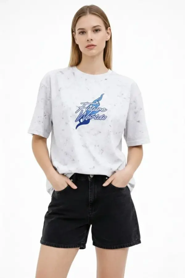 Asit Yıkamalı Oversize Tişört Future Worlds Baskılı Bisiklet Yaka Kısa Kollu Streetwear %100 Pamuk Street Style T-Shirt - Beyaz - 1