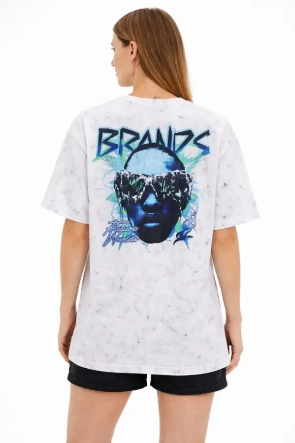 Asit Yıkamalı Oversize Tişört Future Worlds Baskılı Bisiklet Yaka Kısa Kollu Streetwear %100 Pamuk Street Style T-Shirt - Beyaz - 2