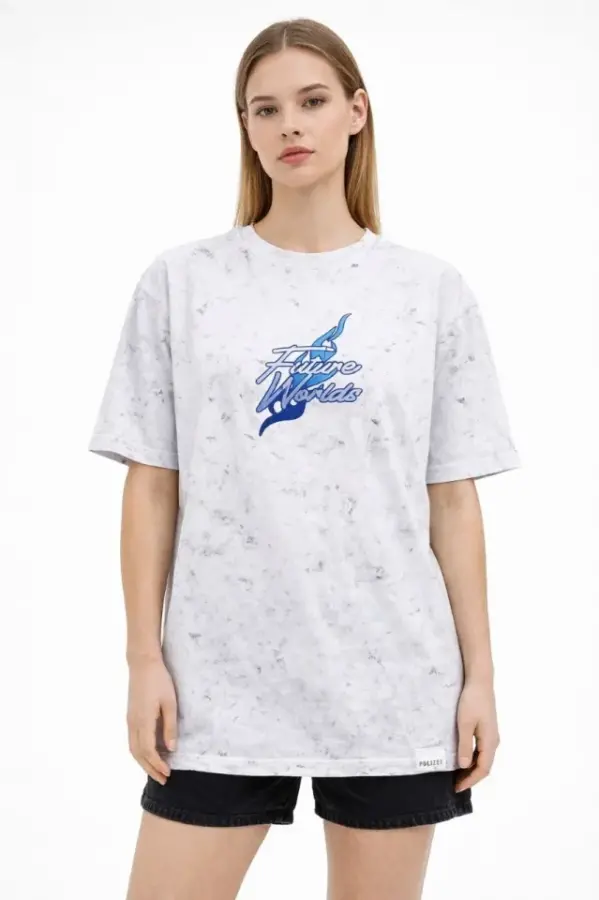 Asit Yıkamalı Oversize Tişört Future Worlds Baskılı Bisiklet Yaka Kısa Kollu Streetwear %100 Pamuk Street Style T-Shirt - Beyaz - 4