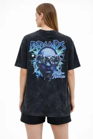 Asit Yıkamalı Oversize Tişört Future Worlds Baskılı Bisiklet Yaka Kısa Kollu Streetwear %100 Pamuk Street Style T-Shirt - Siyah - 2