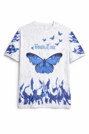 Asit Yıkamalı Oversize Tişört Mavi Kelebek Baskılı Dijital Print Bisiklet Yaka Streetwear T-Shirt - Beyaz - ANGELINO BuyukBedeniz (1)