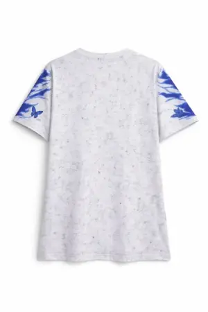 Asit Yıkamalı Oversize Tişört Mavi Kelebek Baskılı Dijital Print Bisiklet Yaka Streetwear T-Shirt - Beyaz - 3