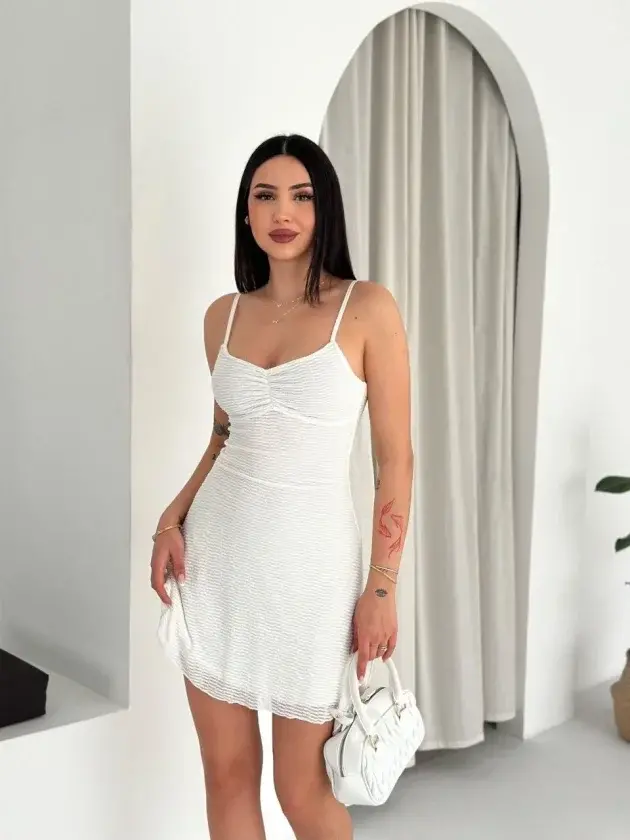Askılı Mini Elbise Drapeli Göğüs Detay Likralı Yazlık Fit - Beyaz - 1