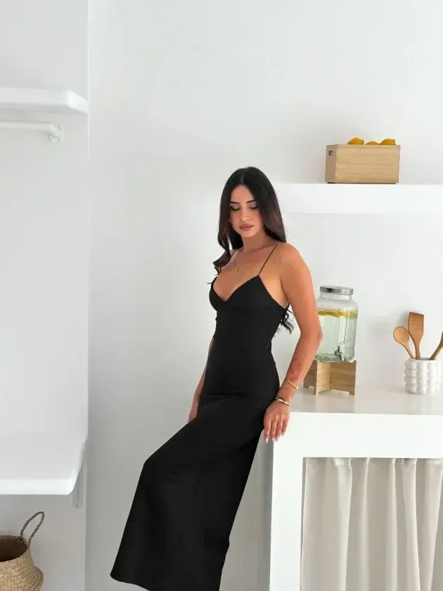 Askılı Uzun Elbise V Yaka Şık Gece Elbisesi Vücuda Oturan - Siyah - 1